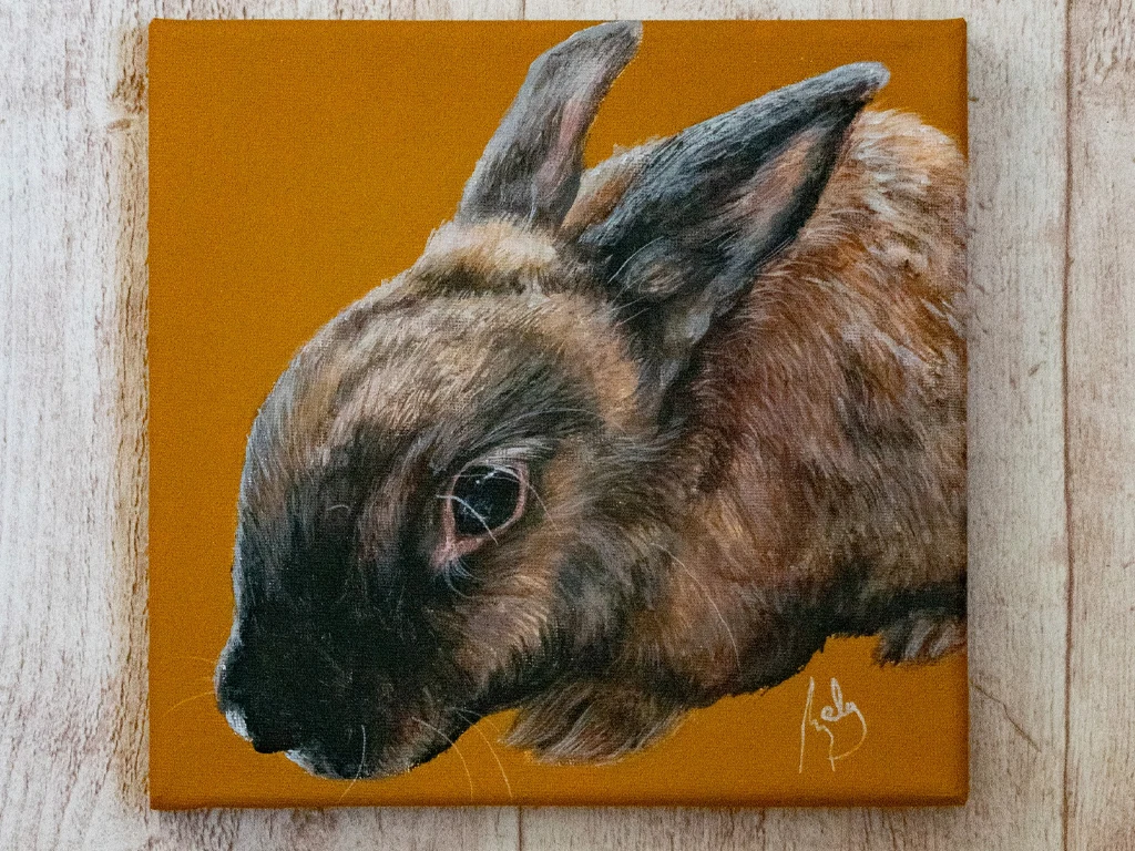 retrato de conejo pintado con acrilico